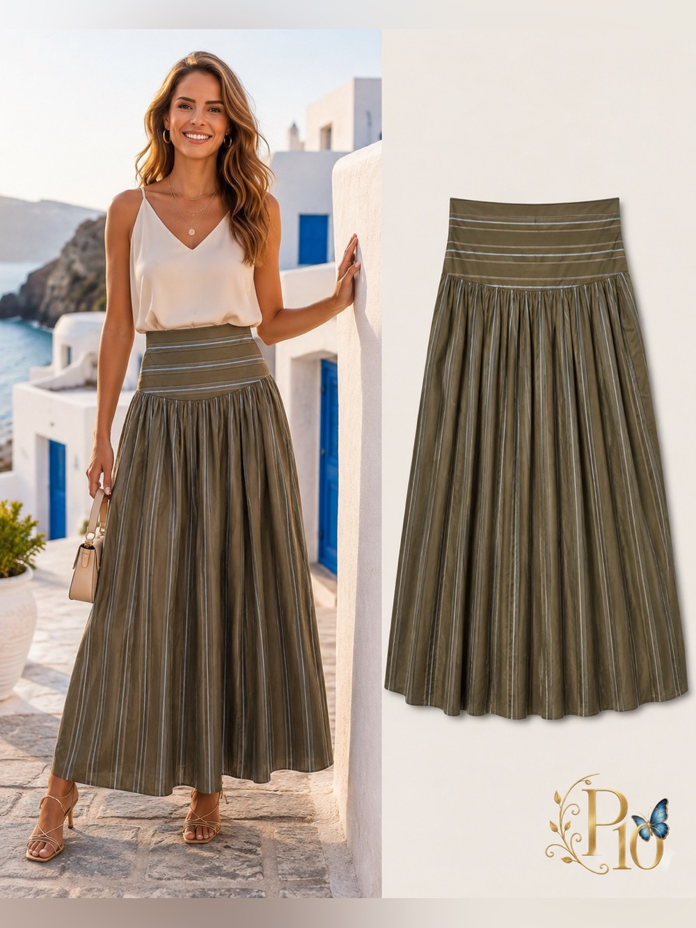 CAARA Vashti Cotton Pleated Maxi Skirt Earthy Stripe Size 4 Few Moda NWT